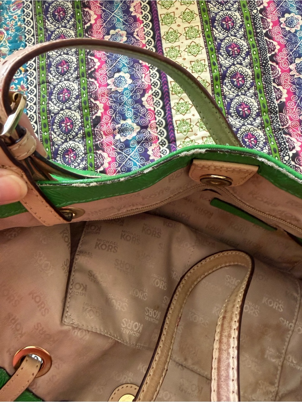 Michael Kors Bright Green Leather Tote with Gold MK Charm and Tan Straps - Picture 3 of 4